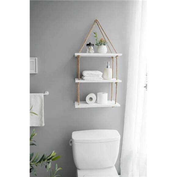 Hanging Shelves 3 Tier White Wood Wall Mount Floating Shelf with Rope Boho Decor - Picture 2 of 6
